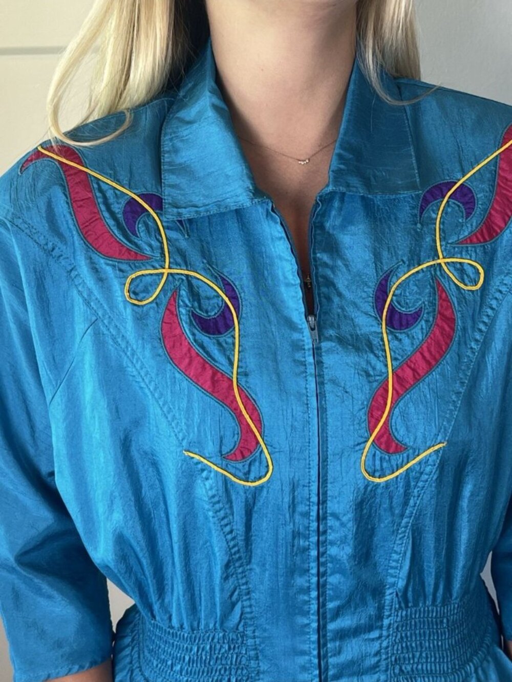 Vintage 80s Joan Walters Turquoise Art Deco Jumpsuit Smocked Zip Front Sz 6 - Picture 3 of 9